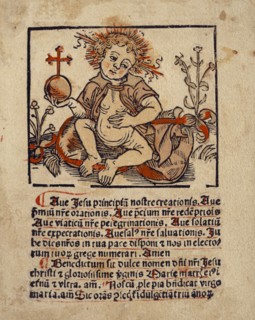 The Christ Child with the Globe, c. 1490, woodcut, colored (unique), unique, page: 10.3 x 8.2 cm,