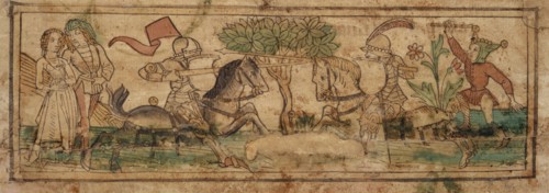Tournament scene with fool and lovers, c. 1480/90, woodcut (gray print), colored (unique), unique,