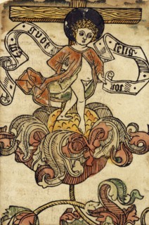 The Christ Child on a Blossom (New Year's Greetings), c. 1470, woodcut, colored (Unikum), traces of