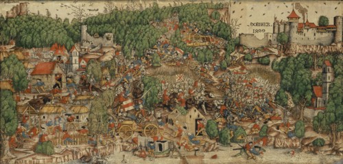 The Battle of Dorneck 1499, c. 1510, woodcut of three sticks, colored, leaf: appr. 40.9 x 85 cm,