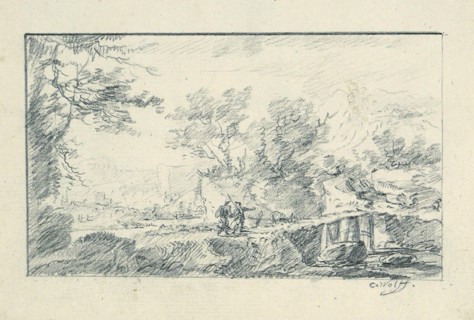 Landscape with a wooden bridge and two hikers, created in 1751, 1760-1768, pencil, Sheet glued to