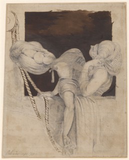 Two girls, looking up from a cabin window, 1779, pencil, pen in brown, washed, and gouache in brown
