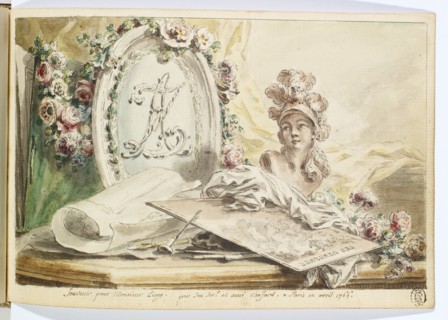Entry in the genealogy of Adrian Zingg: flower-crowned monogram by Adrian Zingg, in front Minerva
