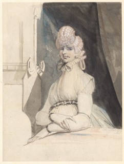 Mrs. Fuseli, at a table in front of a niche with a drapery, 1799, pencil and brush in gray, washed