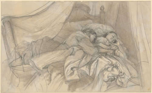 Young sleeping couple on a four-poster bed, pencil, light brown brush, Sheet: 21.4 x 35.1 cm,