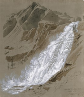 The upper part of the Cascata del Toce, August 1824, pencil and quill with ink, sepia washed,