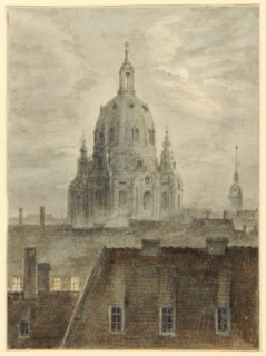 The Frauenkirche in Dresden, around 1824, brush in gray and brown over pencil, sheet: 13 x 9.5 cm,