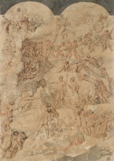Battle of the Titans and Gods, 1795, feather (black), gray washed, reddish and brown watercolored,