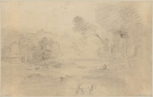 Roman Campagna with distant view of San Pietro in Montorio, 1827, pen over pencil on brownish