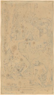 Composition study on La Fantaisie, feather in blue and colored pencil in blue, Frame in blue