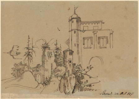 Castle and ruin on rocky heights, 1837, pen with ink in brown on gray paper, sheet: 20.2 x 28.5 cm,