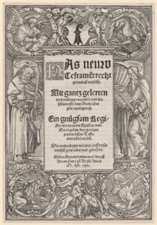 Title enclosure with the hl., Peter and Paul, the coat of arms of Basel and the motto of Adam
