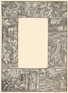 Title enclosure of four parts with the baptism of Christ and scenes from the Acts of the Apostles,