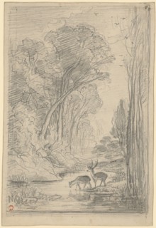 Waldbach with deer and doe on the water, pencil, sheet: 23.6 x 16.1 cm, unsigned, Charles-François