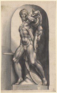 Achill wears Hektor's son, 1583, pen in black, gray washed, sheet: 36.8 x 22.5 cm, U. on the