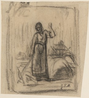 Farmer's wife with rake in front of a hinted landscape background, chalk, sheet: 10.8 x 8.7 cm |,