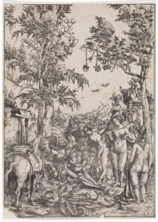 The Paris judgment, 1508, woodcut, sheet: 37.4 x 26.5 cm |, Image: 37 x 26 cm, U. M. r.,