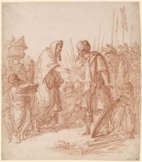 The encounter of Abraham and Melchizedek, red chalk, sheet: 48.3 x 42.1 cm, U. l., Inscribed: IOHE