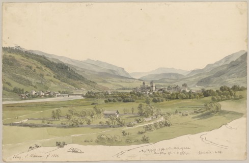 Ilanz, 1821, pencil, pen and watercolor, sheet: 25 x 38.2 cm, l., inscribed with pen, signed and