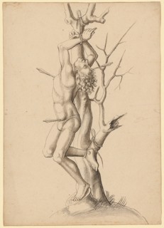 Martyr on the tree pierced by arrows (Sebastian?), Feather in black, gray washed, Journal: 22 x 15