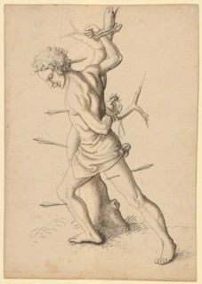 Pierced martyr on the tree (Sebastian?), Federin Schwarz, gray-washed, Journal: 21.9 x 15.3 cm,