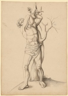 Martyr bound to a tree, pen in black, gray washed, Journal: 22 x 15.5 cm, Unmarked, Jörg Schweiger,