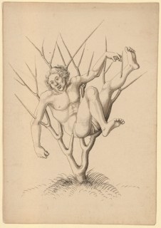 Martyr, impaled in thorn bush, feather in black, gray wash, sheet: 21.8 x 15.1 cm, not marked, Jörg