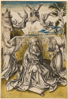 Madonna and angels in landscape, c. 1500, pen and brush in black and brown, gray wash, blue, green