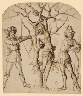 The torture of St., Sebastian, c. 1500, quill in brown, over a light carbon copy, laminated, page: