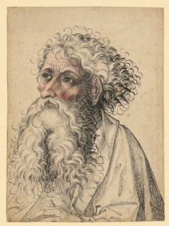 Half-length portrait of a bearded man, left, c. 1470/80, pen in black, gray and bluish-washed, red