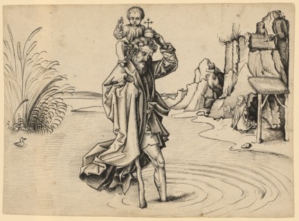 Saint Christopher, feather in black, leaf: 20.7 x 28.8 cm, unsigned, Martin Schongauer, (Umkreis /
