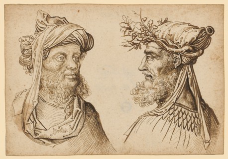 Two oriental heads, feather in brown, leaf: 11 x 16 cm, not marked, Martin Schongauer, (Kopie nach