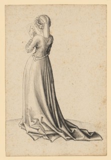 Young girl with mirror, seen from the back, feather in black, gray wash, sheet: 16.2 x 10.8 cm,