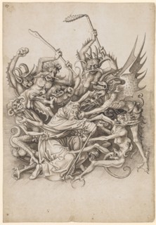 The torment of St., Antonius by demons, feather in dark brown, greyish brown washed, Journal: 31.1