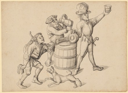 Three Munching Peasants and a Dog, Early 16th C., Feather in Black Brown, Leaf: 15.8 x 22 cm,