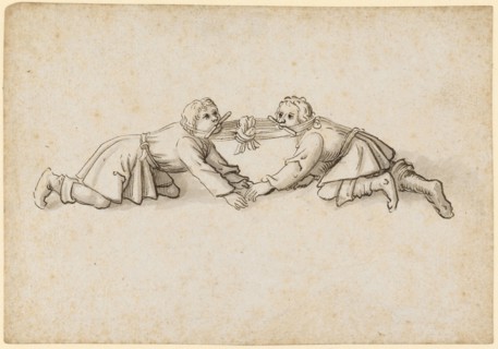 Two Boys Playing the Streb Cat Game, Feather in Dark Brown, Gray Washed, Sheet: 10.5 x 15.1 cm, Not