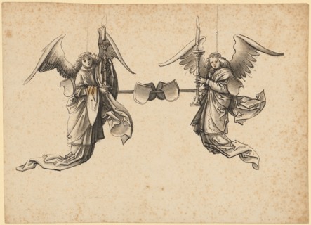 Candlestick design with two angels, feather in dark brown, gray-brown washed, page: 15.3 x 21.1 cm,