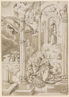 The Nativity (adoration of the child), feather in brown, brown washed, page: 30.9 x 21.4 cm,