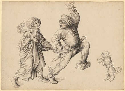 Dancing Farmer Couple with Dog, Early 16th C., Feather in Blackbrown, Journal: 15.8 x 21.9 cm,