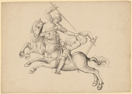 Two fighting, left-wing riders, early 16th century, black-brown feather, leaf: 15.4 x 21.9 cm,