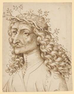 Half-length portrait of a garlanded man with long curly hair, left, c. 1470/80, brown feather,