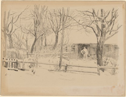 Dursli with two bundles of wood in front of his house., Illustrated illustration for Jeremias