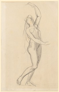 Female nude with raised left arm, black chalk over pencil, laminated on half board, Sheet: 32.1 x