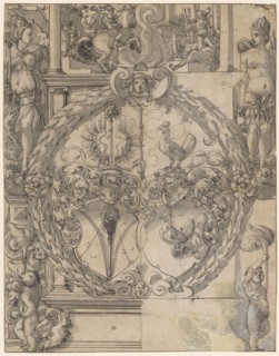 Broken glass with the alliance coat of arms Bischoff-Han, flanked above by Europe and America, in