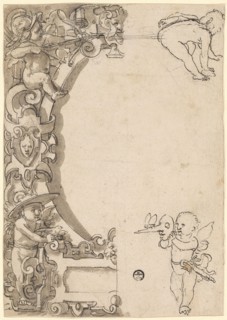 Broken glass with oval frame and empty middle picture, in the corners putti, c. 1570/75, feather in