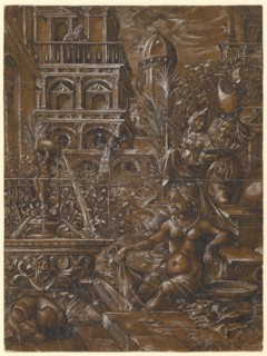 Bathsheba in Bath, 1578, feather in black, heightened with white, on dark brown primed paper,