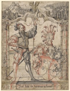 Disc tear with warrior as a shield companion and the coat of arms of Beat Cold Dorneck, Vogt of