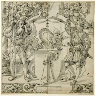 Slice with two warriors and Basler coat of arms, in the upper pictures Justitia and Fides, pen in