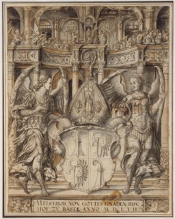 Disc rupture with two angels as shield attendants and the coat of arms of the Melchior von