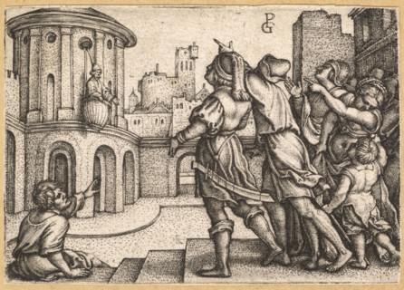 Vergil in the basket, around 1541/42, copperplate engraving on paper, mounted in adhesive tape,